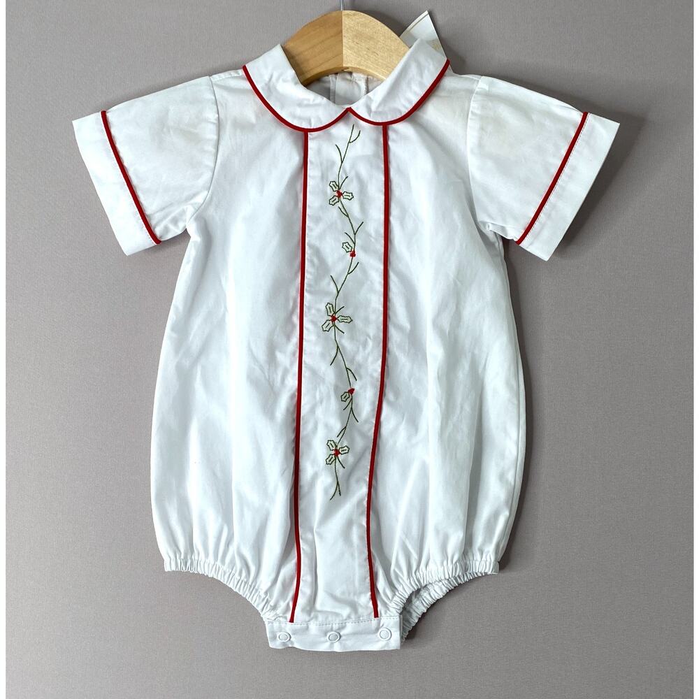 NWT Lullaby Set Christmas Holly Embroidered White Bubble Romper Boys 9 Mo